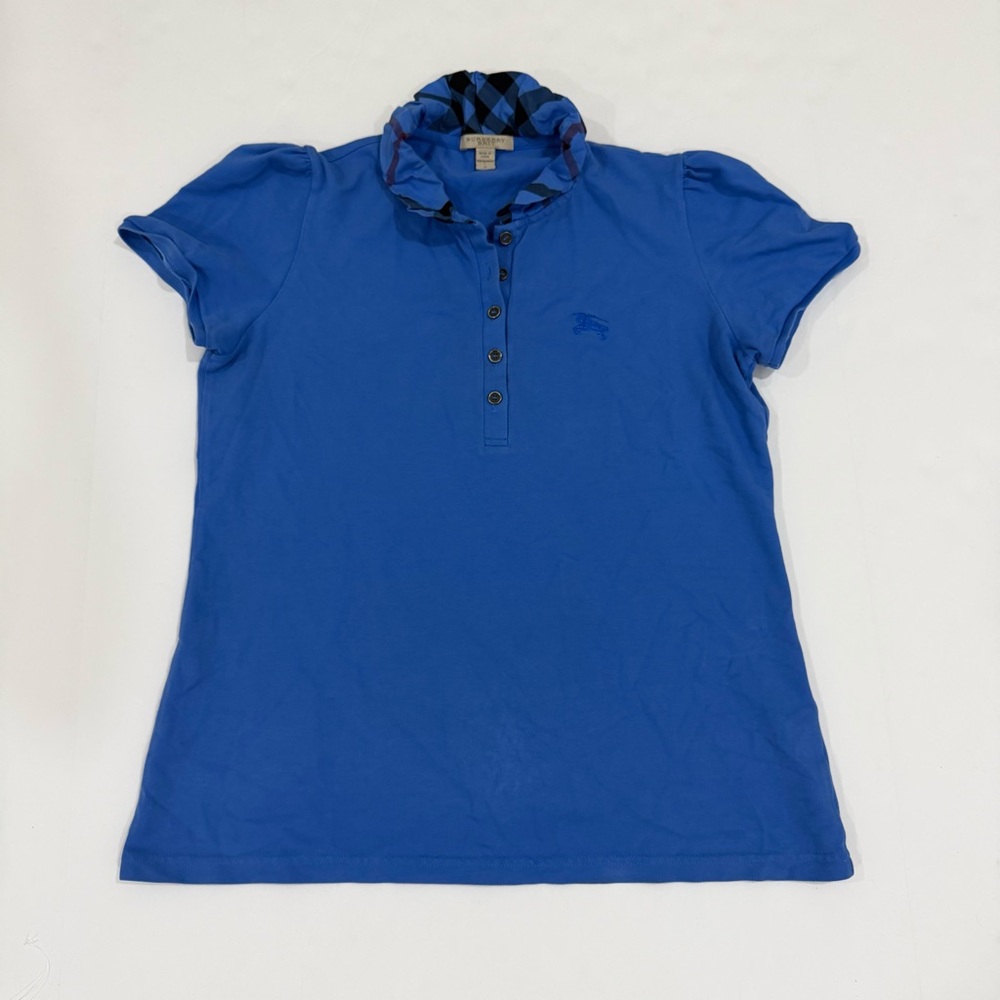 Burberry Brit Polo Shirt Sz L Ruffle Collar Puff Sleeve Knit Top Luxury Plaid